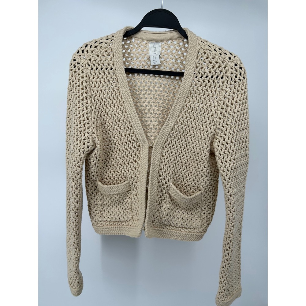 Joie Tan Beige Open Knit Crochet Cardigan Sweater Hook Eye Closure Mens Medium